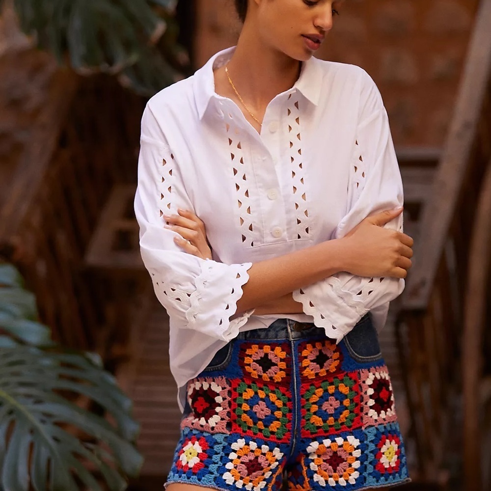 FARM Rio Multicolor Crochet Patchwork Jean Shorts